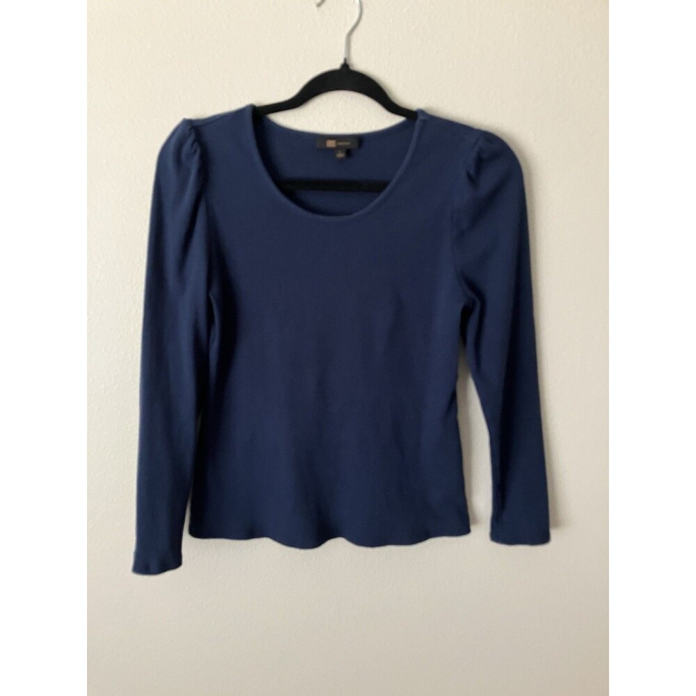 Frye Ribbed Ruffled Sleeve Tee Top Navy Blue Long Sleeve Stretch Medium